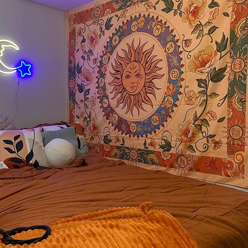 Aipon Yellow Sun and Moon Tapestry Indie Tapestries Boho Orange Flower Floral Tapestry Wall Hanging Cool Vintage Aesthetic Wall Tapestry for Bedroom Living Room Dorm (90.6'' × 70.8'', Orange) - Image 3